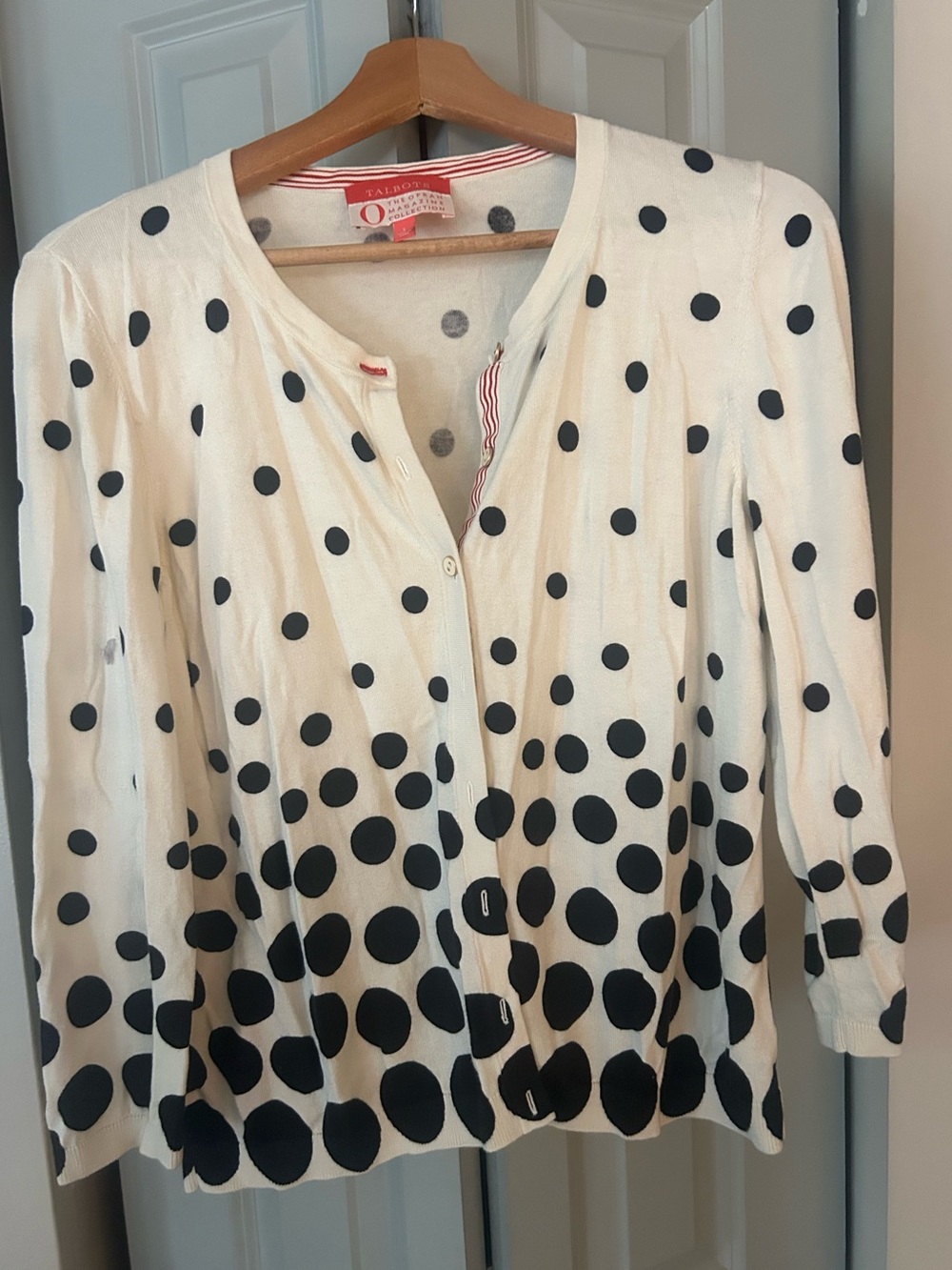 Talbots Cream Button‑Front Polka Dot Cardigan with Black Dots